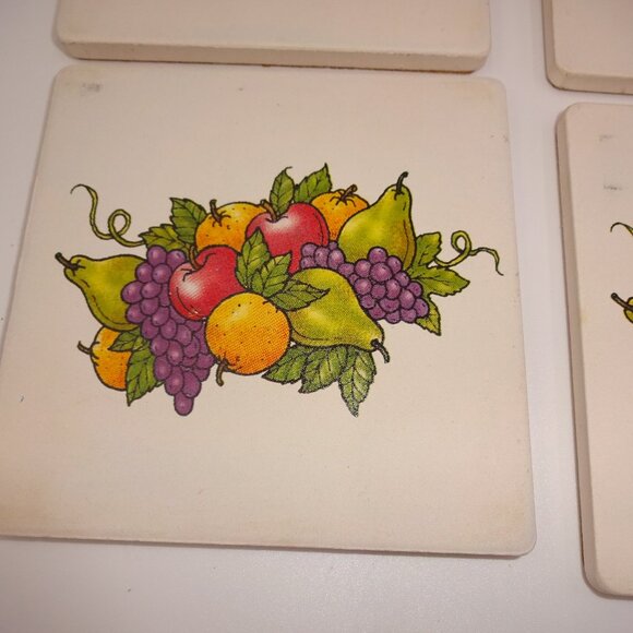 Set of 4 Vintage Sandstone & Cork Coasters Fruit Grapes Pears Apples Taiwan - Picture 4 of 7